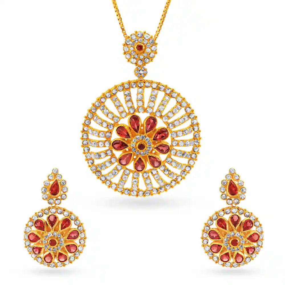Garnet Round Gold Pendant Set